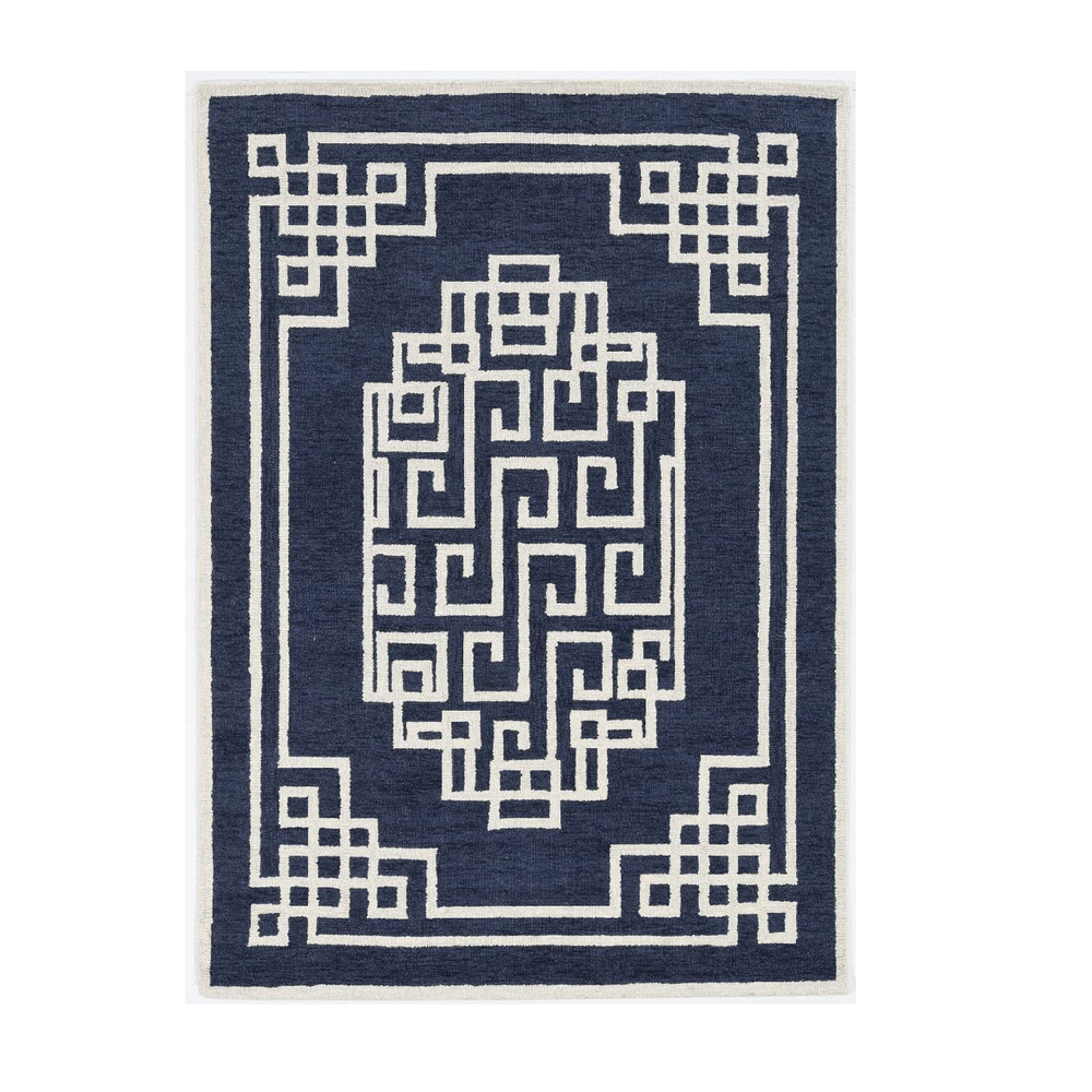 5'x7' Navy Blue Ivory Hand Tufted Bordered Greek Key Indoor Area Rug - 374679. The main picture.