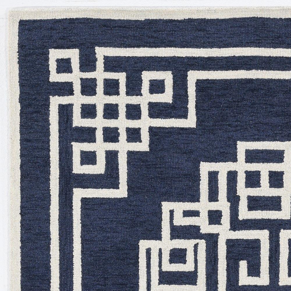 5'x7' Navy Blue Ivory Hand Tufted Bordered Greek Key Indoor Area Rug - 374679. Picture 5