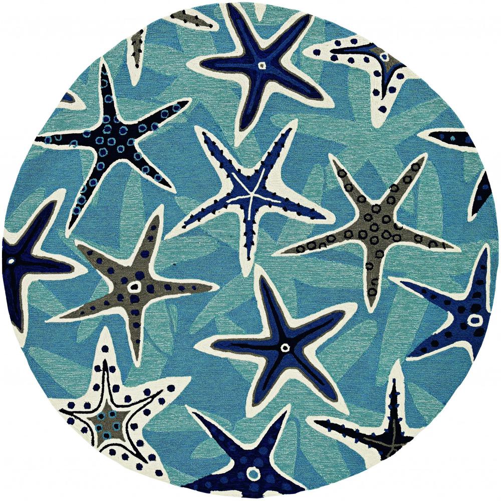 8' Blue Hand Woven UV Treated Coastal Starfish Round Indoor Outdoor Area Rug - 374685. Picture 1