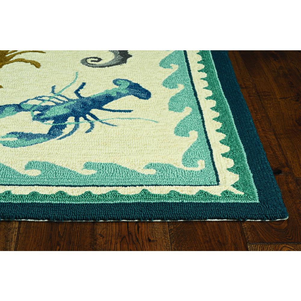 2'x3' Ivory Teal Hand Hooked UV Treated Bordered Coastal Sea Life Indoor Outdoor Accent Rug - 374687. Picture 1