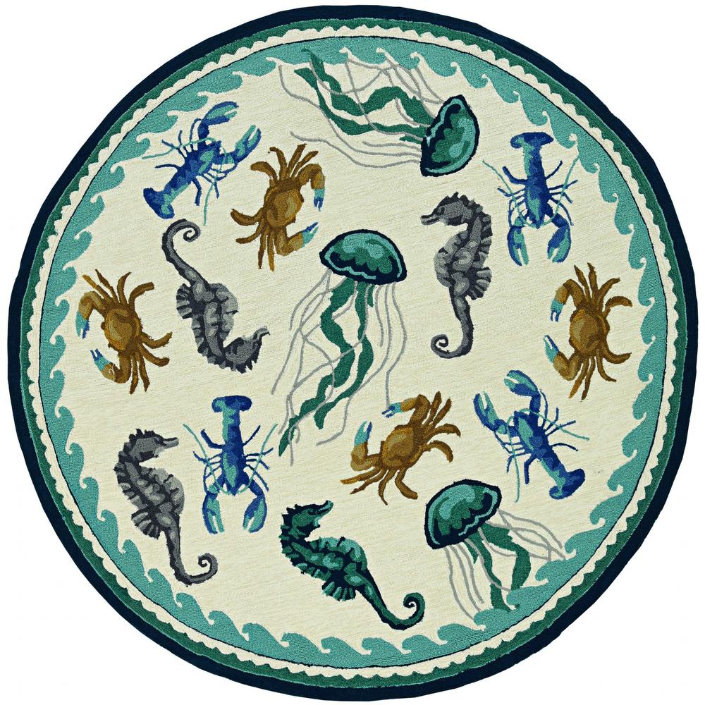 5' x 7' Ivory or Teal Sea Creatures Indoor Outdoor Area Rug - 374689. Picture 1