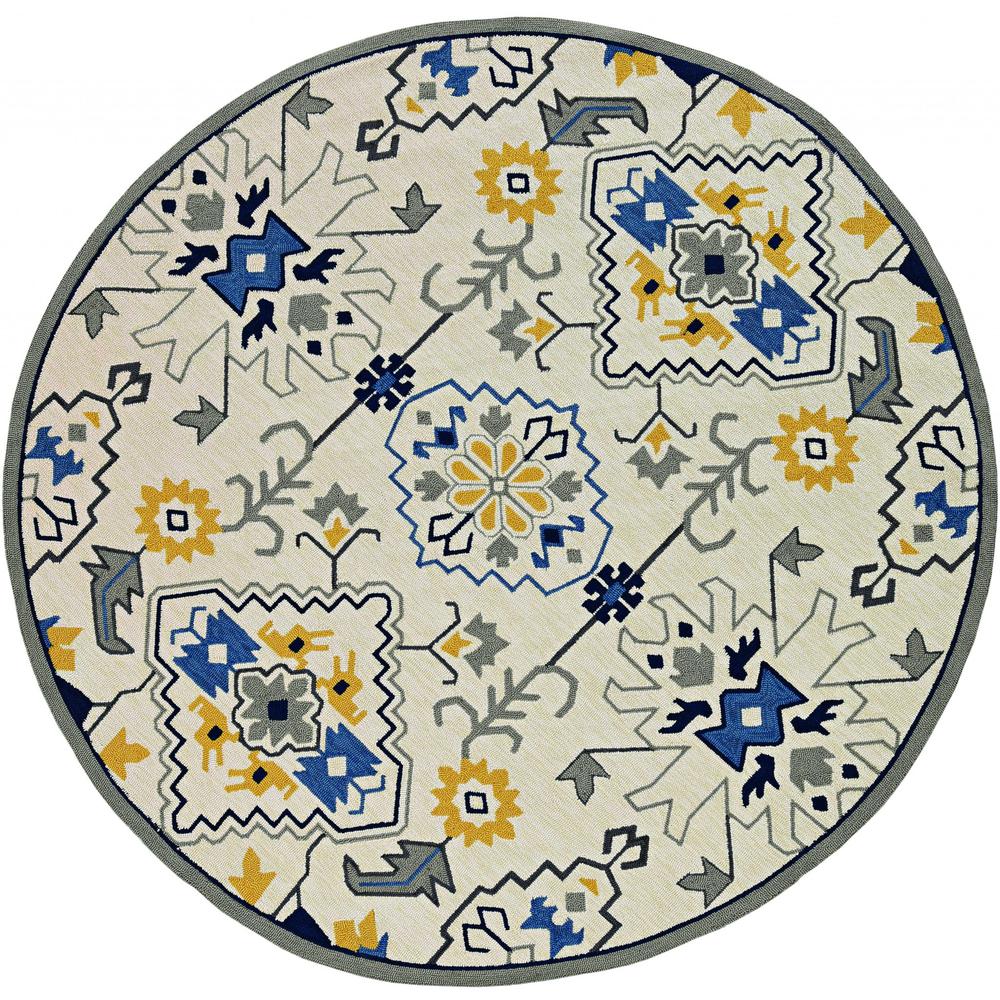 8' Ivory Hand Woven UV Treated Geometric Traditional Round Indoor Outdoor Area Rug - 374695. Picture 1