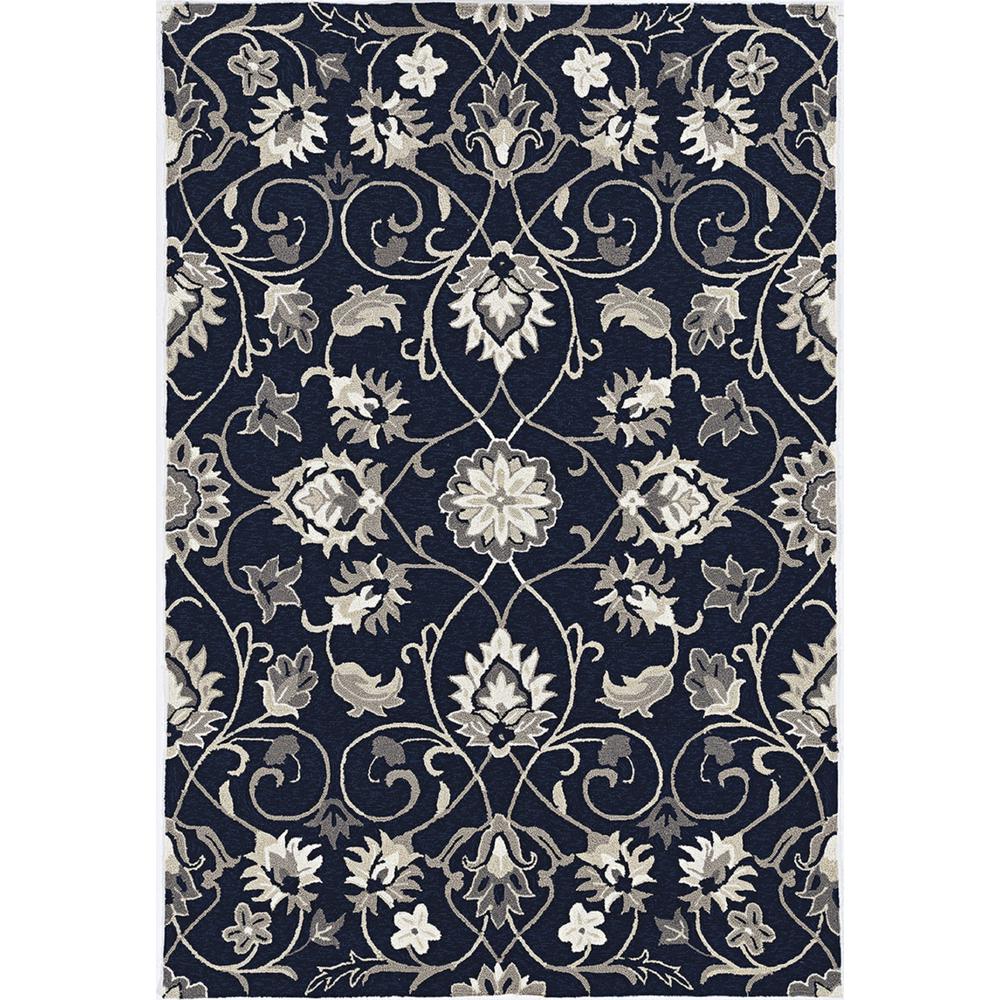 3'x5' Navy Blue Hand Hooked UV Treated Traditional Floral Design Indoor Outdoor Rug - 374698. Picture 2
