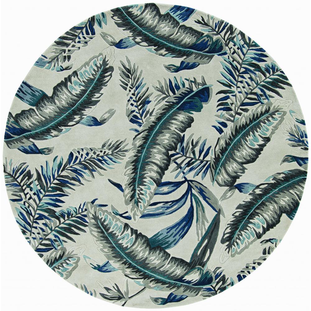 8' Grey Blue Hand Tufted Tropical Leaves Indoor Runner Rug - 374712. Picture 2