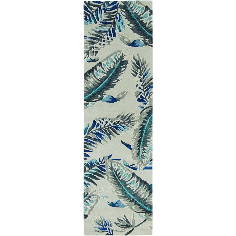8' Grey Blue Hand Tufted Tropical Leaves Indoor Runner Rug - 374712. Picture 3