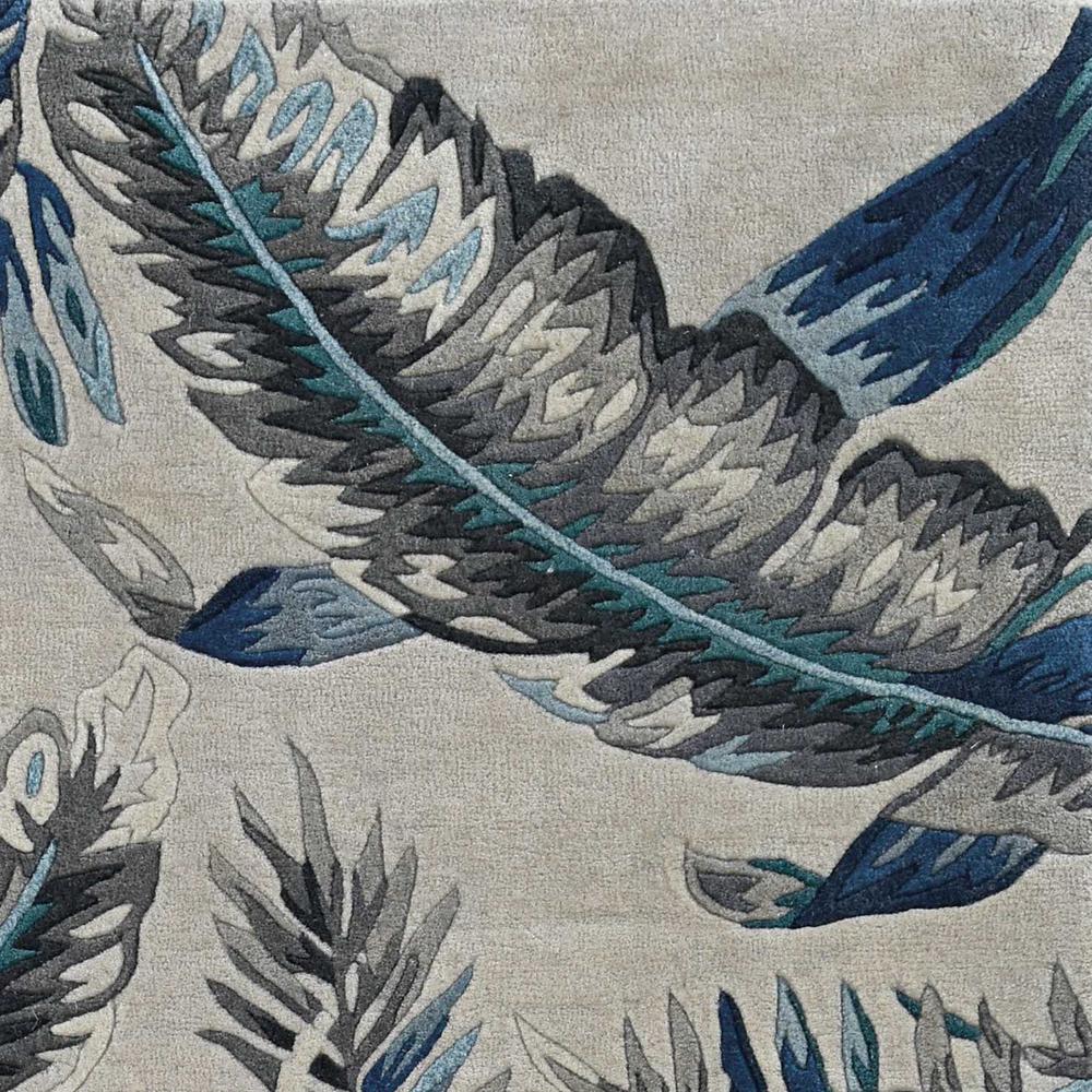 8' Grey Blue Hand Tufted Tropical Leaves Indoor Runner Rug - 374712. Picture 4
