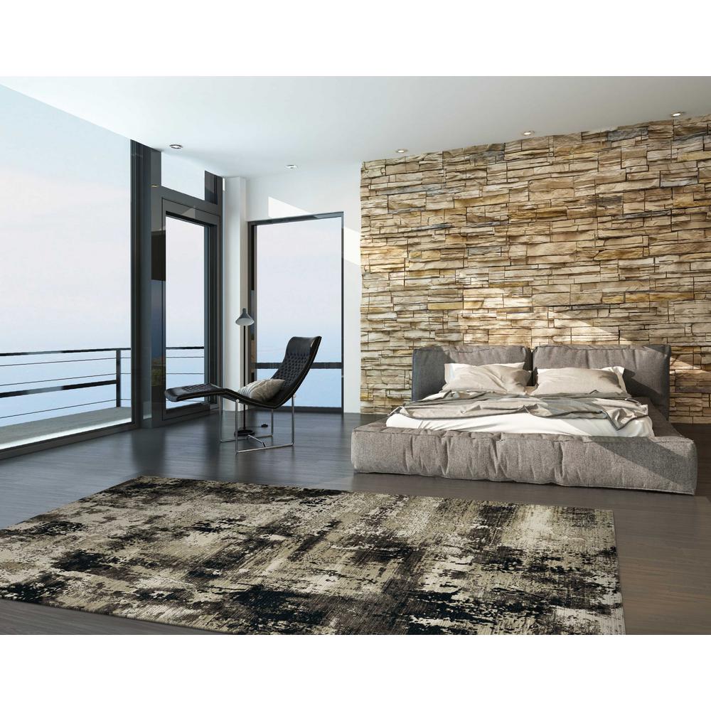 7' Ivory Charcoal Machine Woven Shrank Abstract Design Indoor Runner Rug - 374840. Picture 4