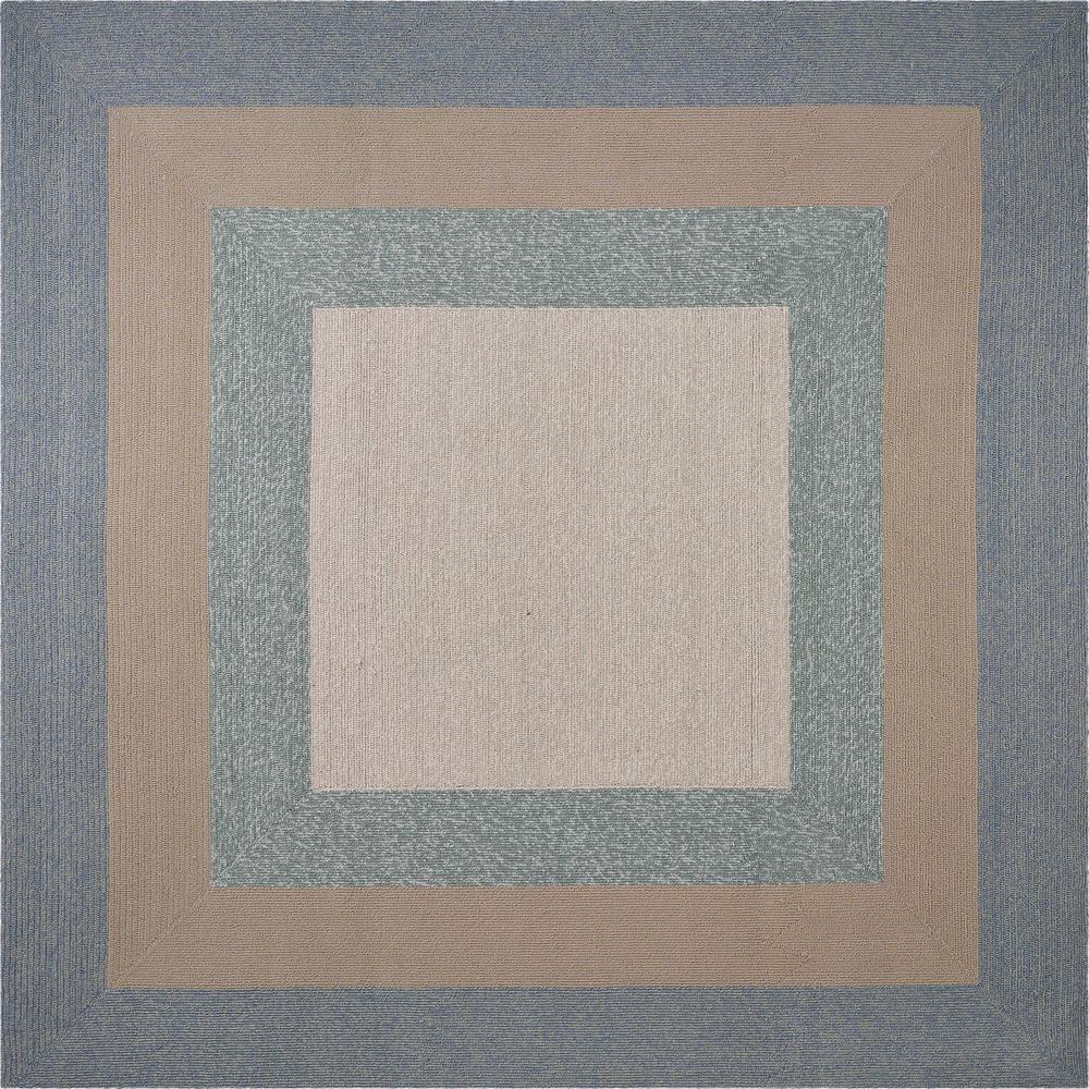 8'x11' Spa Blue Beige Hand Hooked UV Treated Bordered Indoor Outdoor Area Rug - 374956. Picture 1
