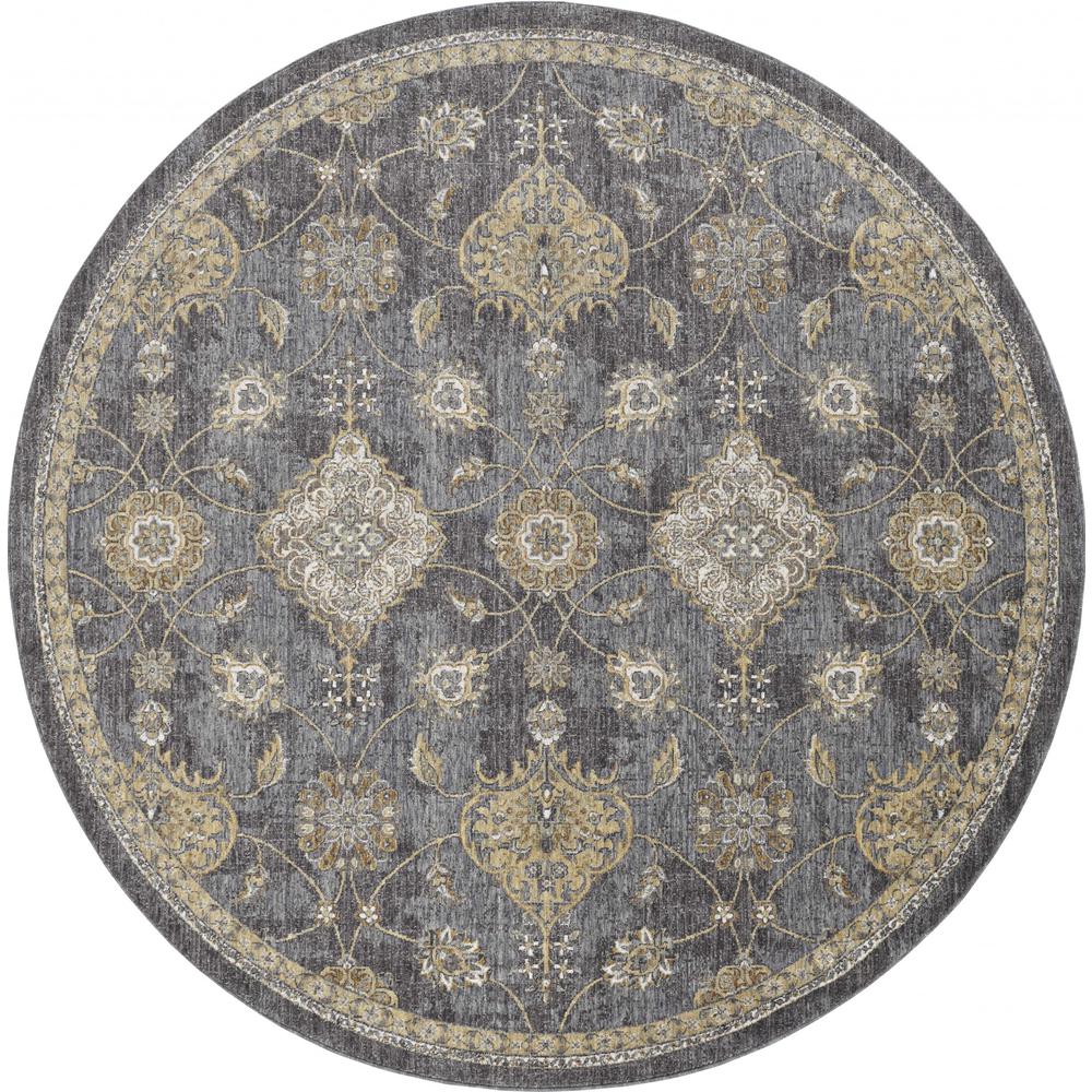 9' Slate Grey Machine Woven Bordered Floral Vines Round Indoor Area Rug - 375282. Picture 2
