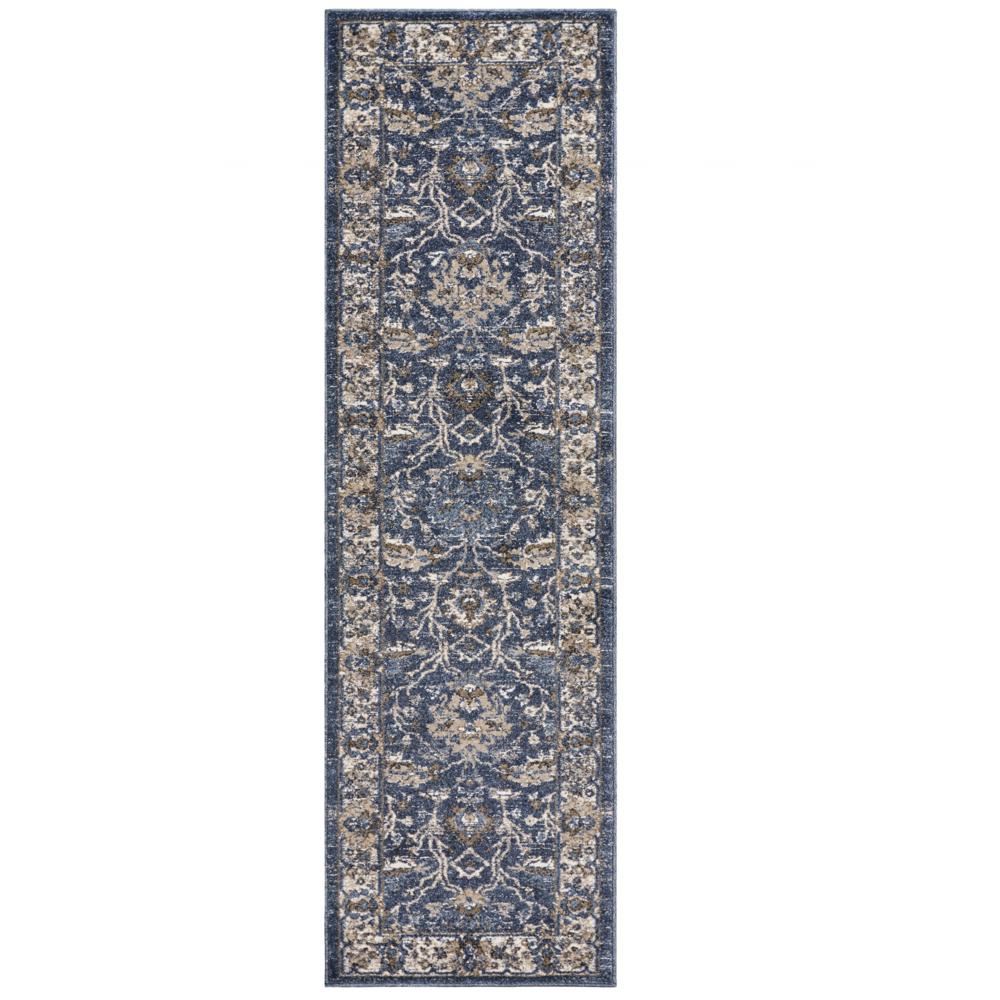 8' Denim Blue Machine Woven Bordered Floral Vines Indoor Runner Rug - 375310. The main picture.
