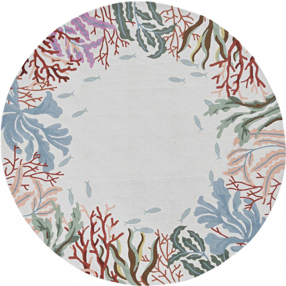 8' Ivory Hand Hooked Bordered Coral Reef Round Indoor Area Rug - 375456. Picture 1