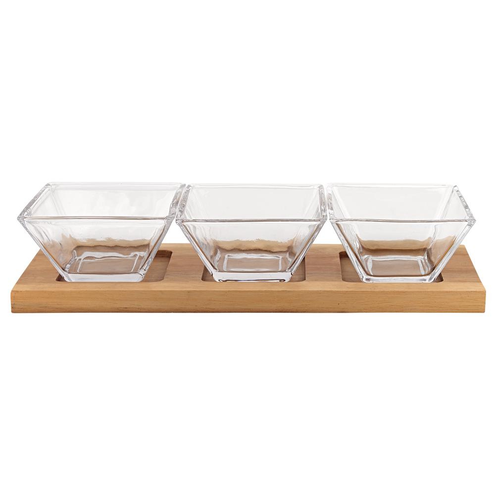 4" Mouth Blown Crystal Hostess Set   4 pc With 3 Glass Condiment or Dip Bowls on a Wood Tray - 375724. Picture 1