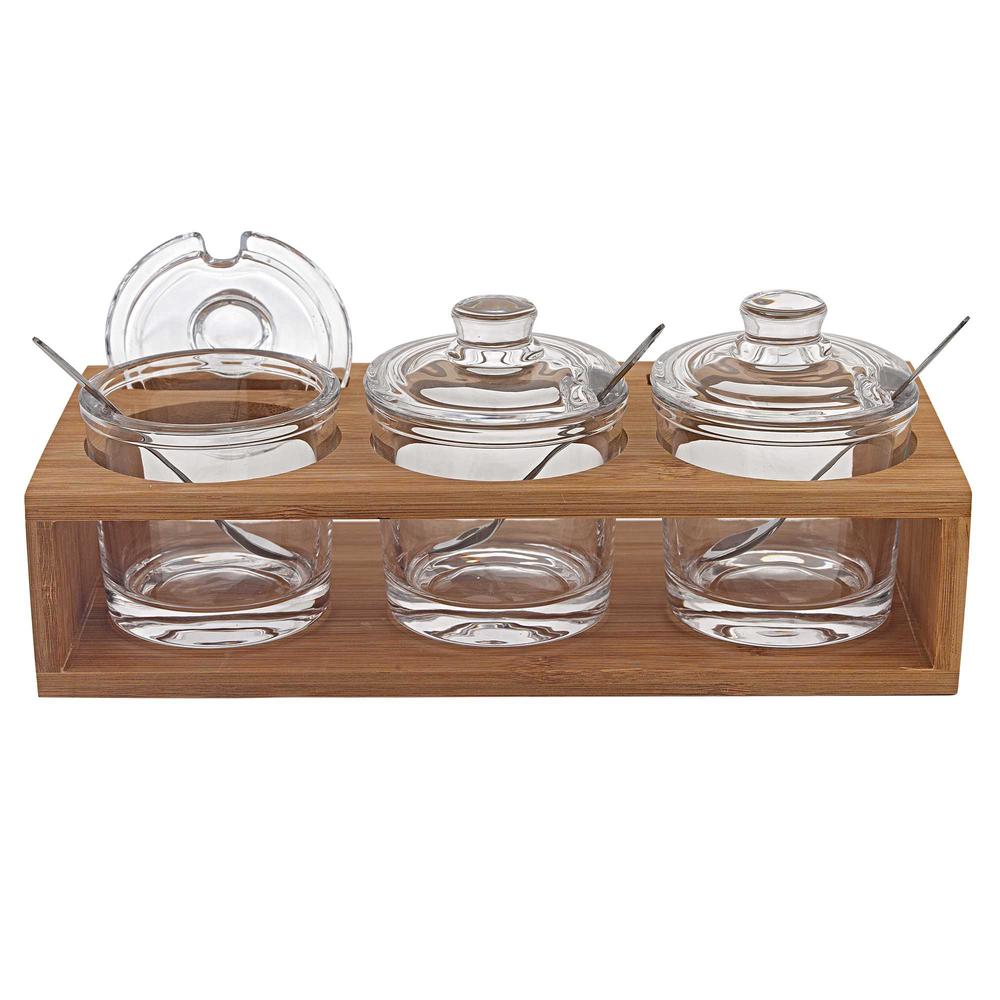 6" Mouth Blown Crystal Jam Set With 3 Glass Jars and Spoons on a Wood Stand - 375725. Picture 1