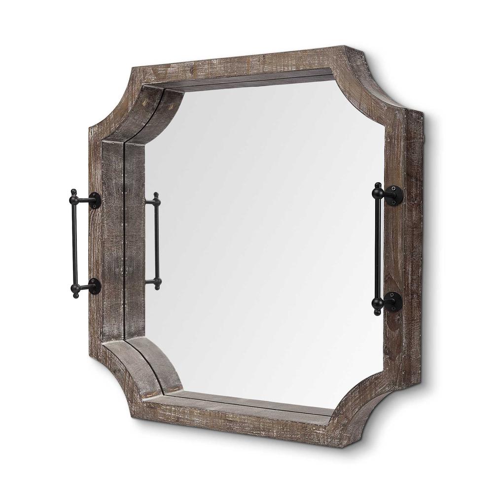 Rustic Antique Wash Finish Wood With Mirrored Glass Bottom And Metal Handle Tray - 376024. Picture 1