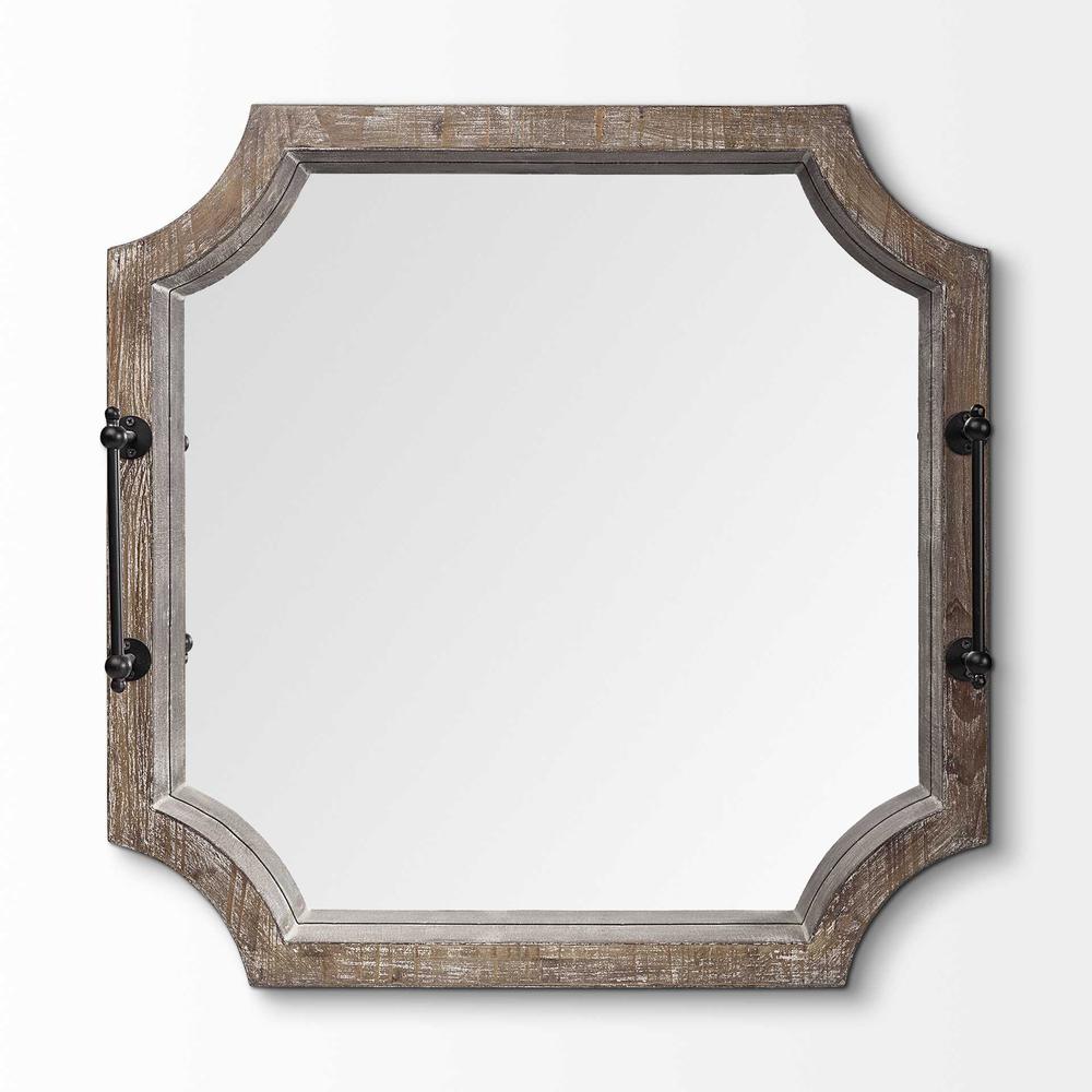 Rustic Antique Wash Finish Wood With Mirrored Glass Bottom And Metal Handle Tray - 376024. Picture 2