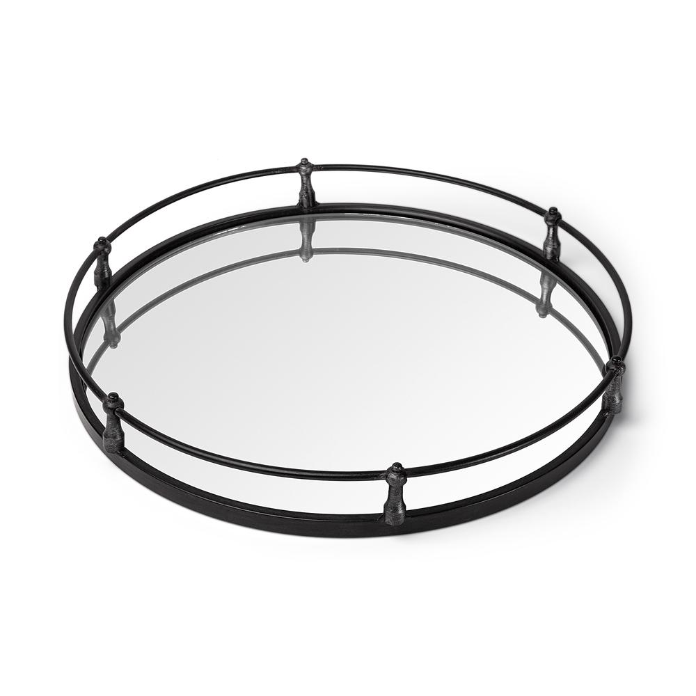 24" Natural Finish Metal With Mirrored Glass Bottom Round Tray - 376035. Picture 1