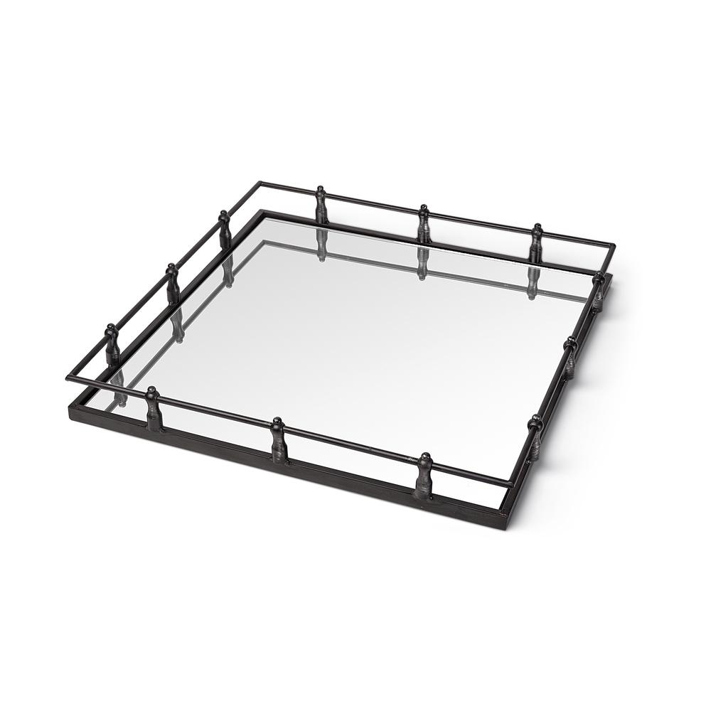 Natural Finish Metal With Mirrored Glass Bottom And Railing Handle Tray - 376036. Picture 1