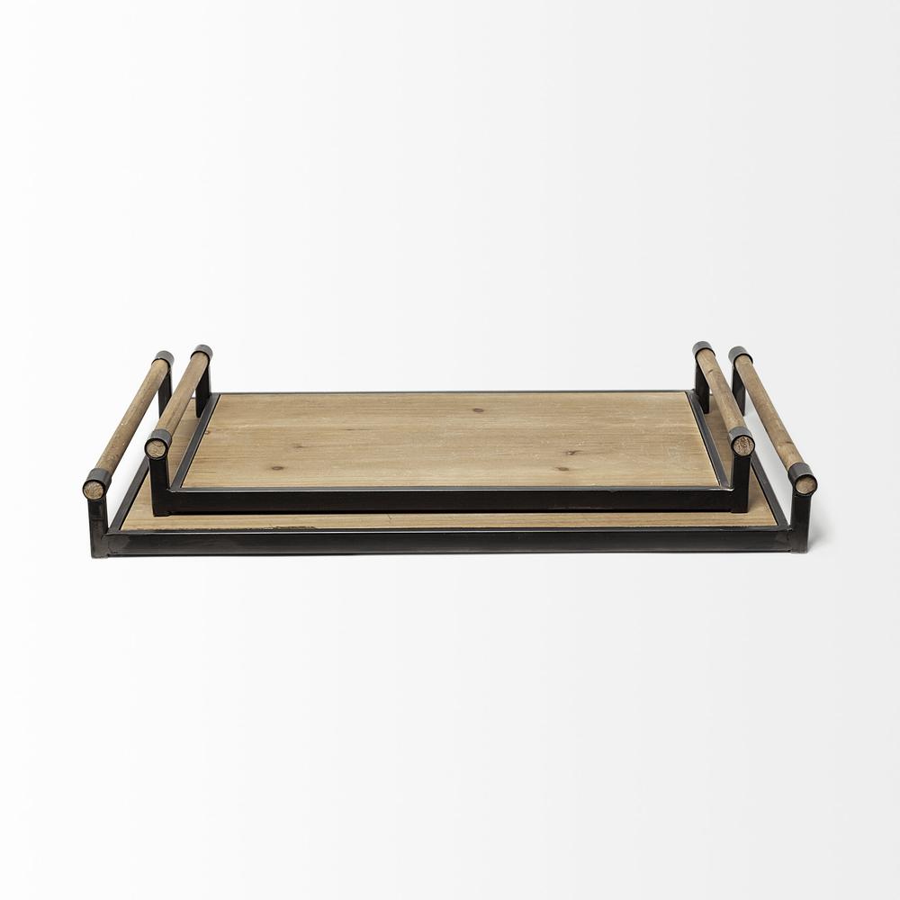 S/2 Light Brown Wood With Matte Black Metal Frame And Two Handles Trays - 376039. Picture 2