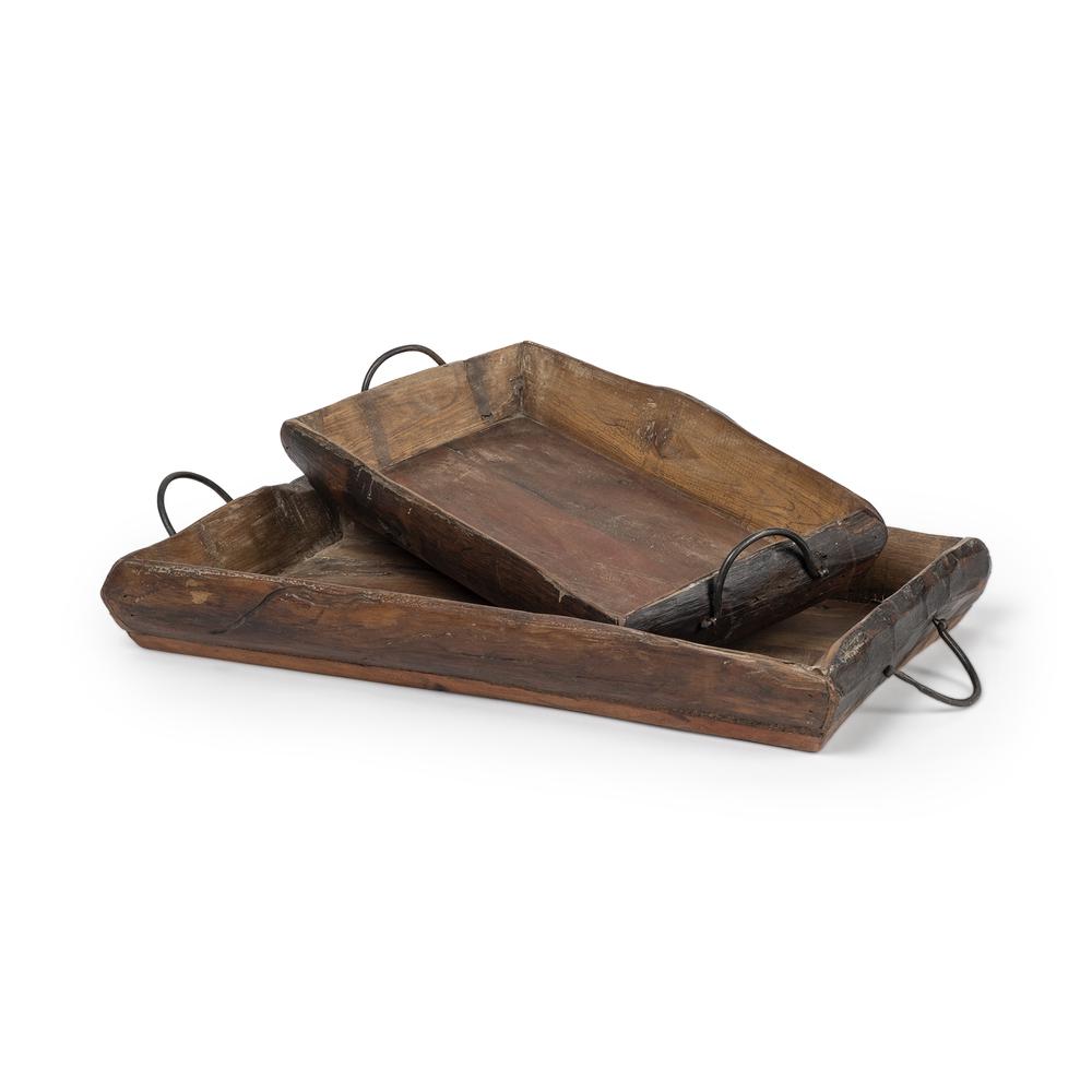 S/2 Medium Brown Recycled Wood With Flaunt Metal Handles Trays - 376040. Picture 1