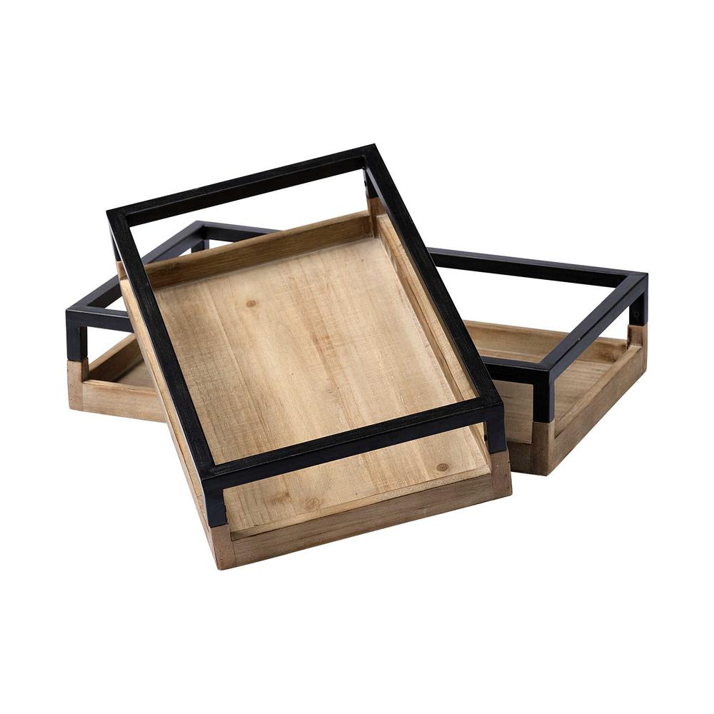 Set of 2 Natural Finish with Black Nesting Wood Accent Trays - 376041. Picture 1