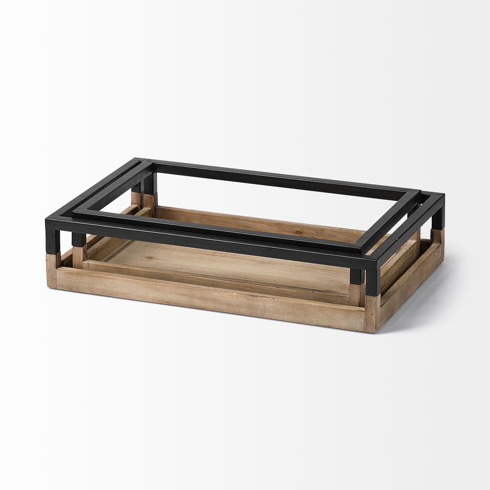 Set of 2 Natural Finish with Black Nesting Wood Accent Trays - 376041. Picture 2