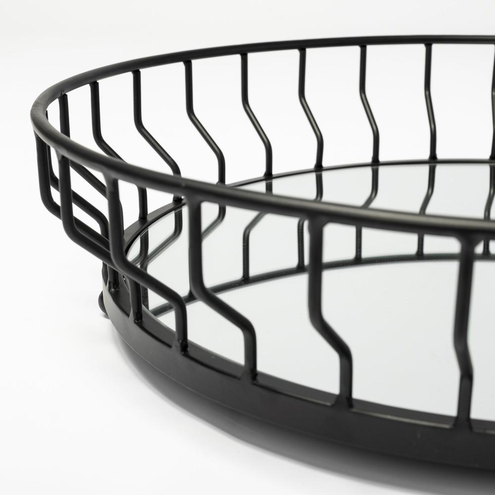 20" Matte Black Wavy Metal With Mirrored Glass Bottom Round Tray - 376051. Picture 3