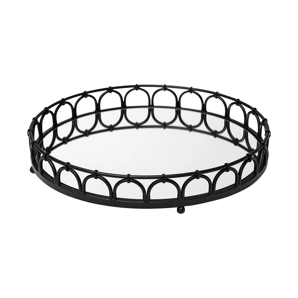 20" Matte Black Metal Half Circles And Mirrored Glass Round Tray - 376052. Picture 1