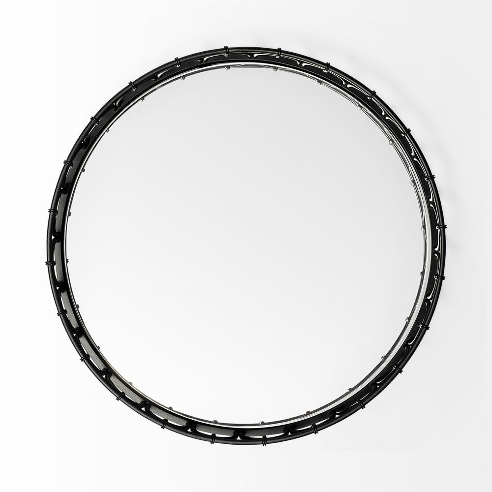 20" Matte Black Metal Half Circles And Mirrored Glass Round Tray - 376052. Picture 2