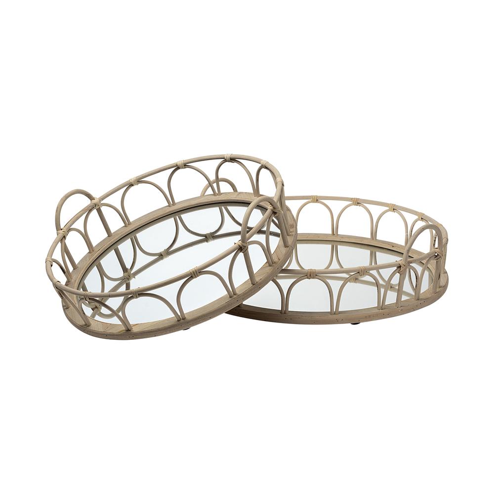 S/2 20" Natural Blonde Wood With Intricately Railings And Mirrored Glass Bottom Round Tray - 376057. Picture 1