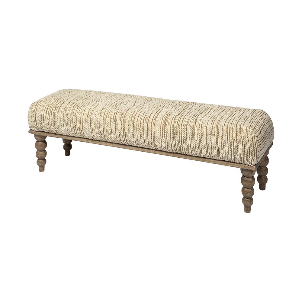 Rectangular Indian Mango Wood/Natural-Brown Polished W/ Upholstered Cream Seat Accent Bench - 376176. Picture 1