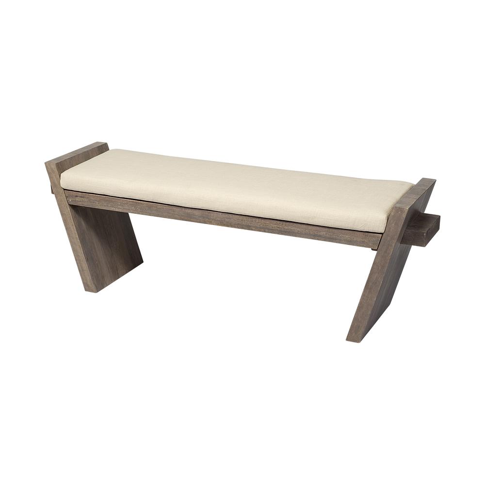 Rectangular Mango Wood/Natural-Brown Polished W/ Upholstered Cream Seat Entryway Bench - 376177. Picture 1