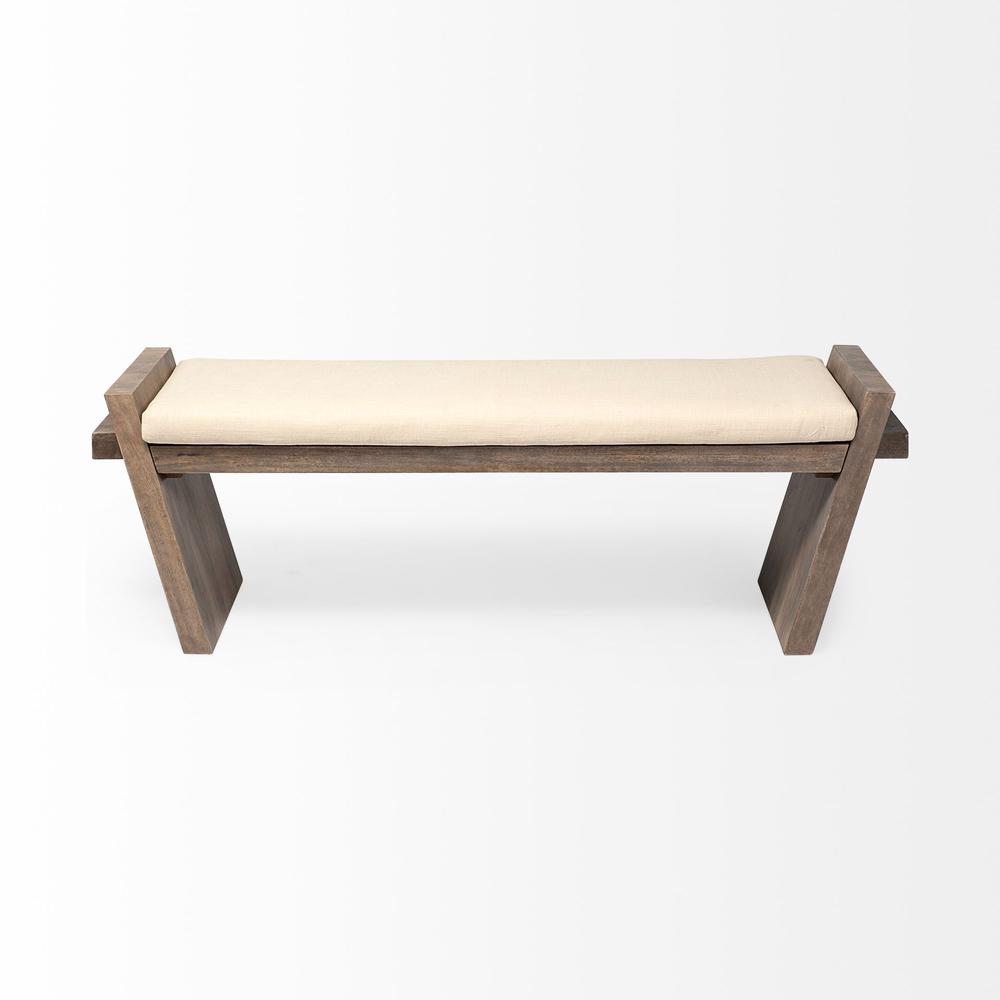 Rectangular Mango Wood/Natural-Brown Polished W/ Upholstered Cream Seat Entryway Bench - 376177. Picture 2