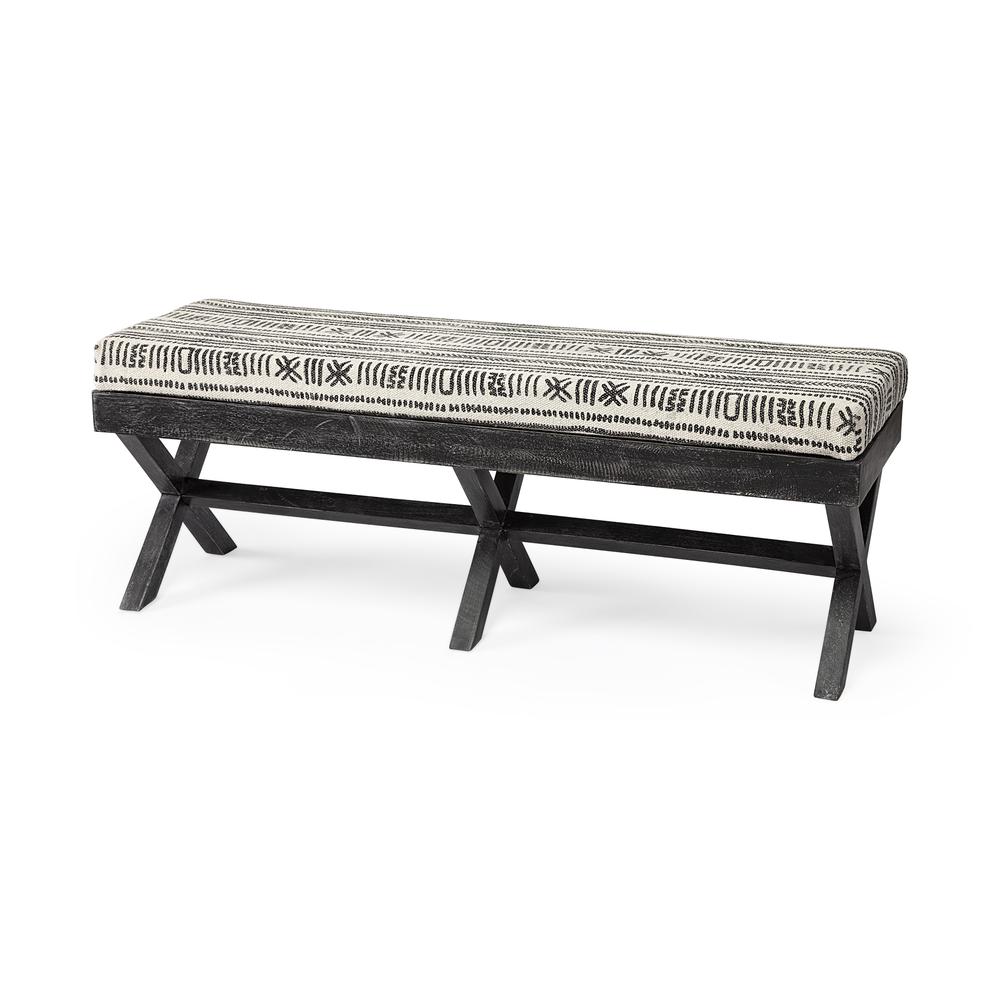 Rectangular Indian Mango Wood/Dark-Brown Finish W/ Upholstered Gray And White Patterned Seat Accent Bench - 376182. Picture 1