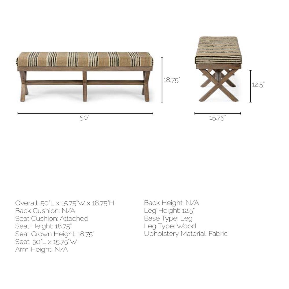 Rectangular Mango Wood/ Medium Brown Base W/ Upholstered Beige And Black Stripe Seat Accent Bench - 376185. Picture 3