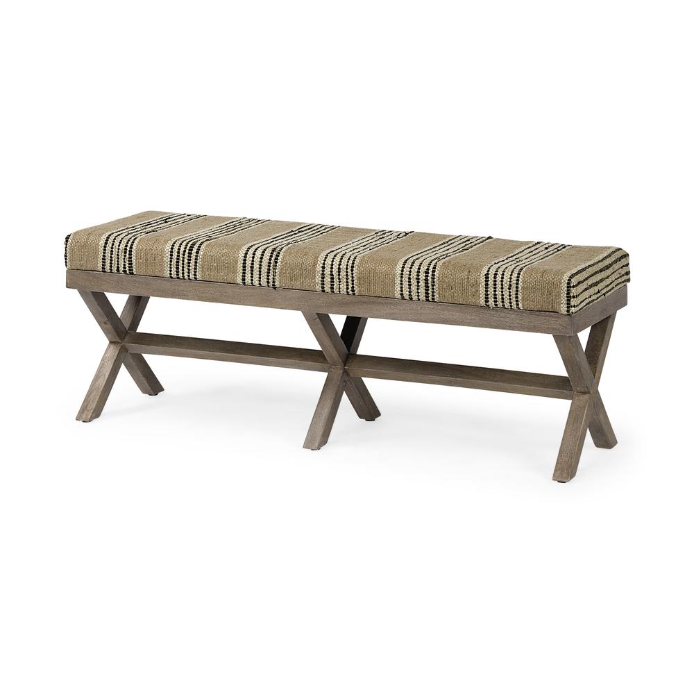 Rectangular Mango Wood/ Medium Brown Base W/ Upholstered Beige And Black Stripe Seat Accent Bench - 376185. Picture 4