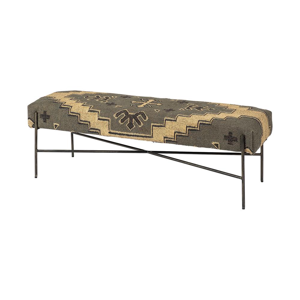 Rectangular Metal/Antiqued-Nickel Toned Base W/ Upholstered Tan Pattered Seat Accent Bench - 376186. Picture 1