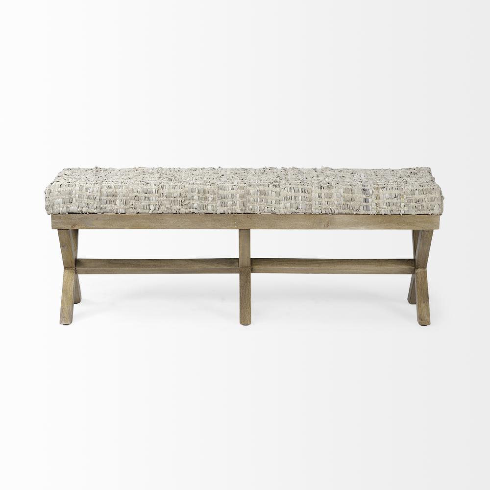 Rectangular Indian Mango Wood/ Light Brown Base W/ Beige-Toned Woven Leather Cushion Accent Bench - 376188. Picture 2