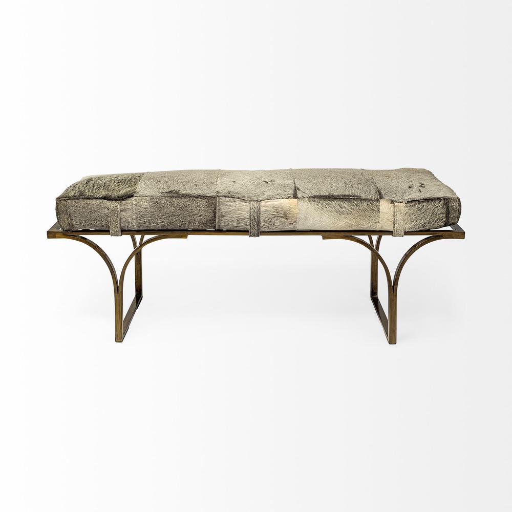 Rectangular Metal/Antique Brass W/ Grey-Toned Hair-On-Leather Seat Accent Bench - 376190. Picture 1