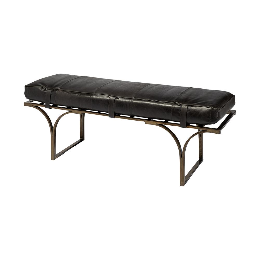 Rectangular Metal/Antiqued-Gold Black Genuine Leather Seat Accent Bench - 376191. Picture 1