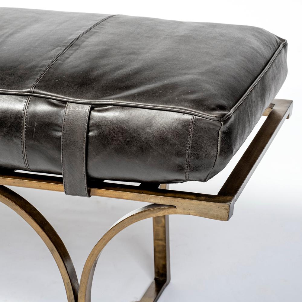 Rectangular Metal/Antiqued-Gold Black Genuine Leather Seat Accent Bench - 376191. Picture 3