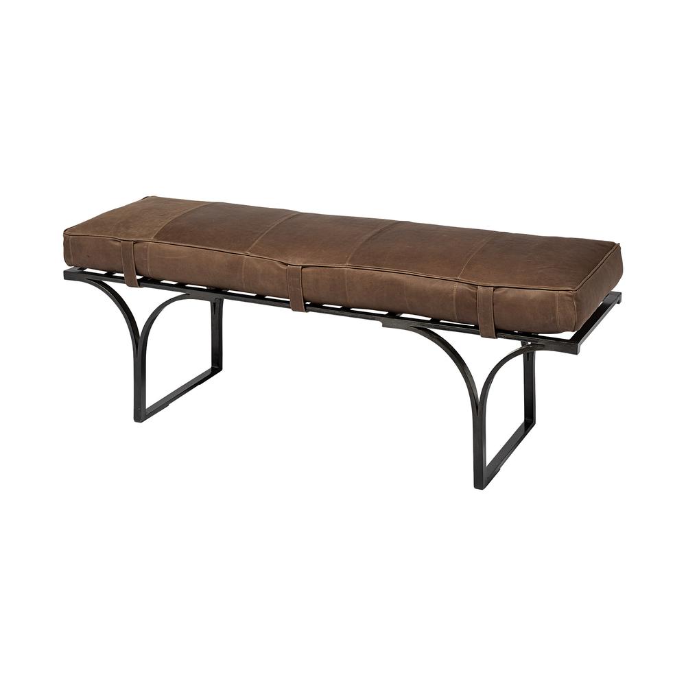 Rectangular Metal/Matte-Black Antiqued Brown Genuine Leather Seat Accent Bench - 376196. Picture 1