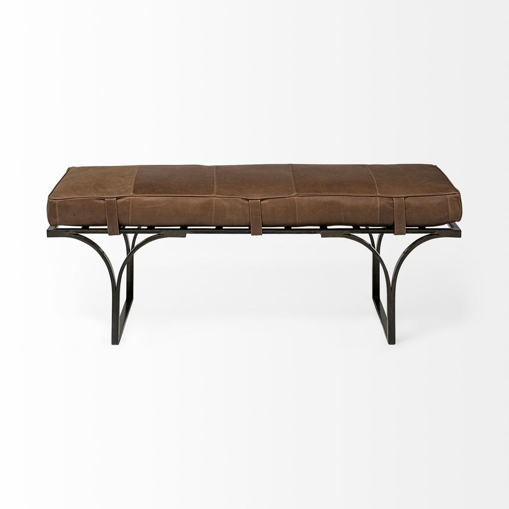 Rectangular Metal/Matte-Black Antiqued Brown Genuine Leather Seat Accent Bench - 376196. Picture 2