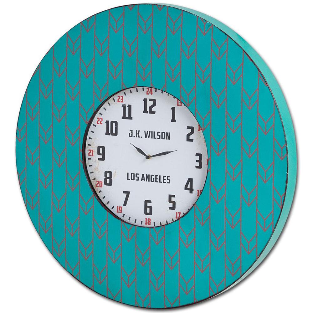 33" Oversize Contemporary Teal and Red Wall Clock w/ Dense Pattern and "JK Wilson Los Angeles" - 376207. Picture 1