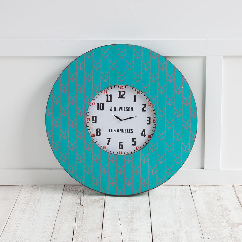 33" Oversize Contemporary Teal and Red Wall Clock w/ Dense Pattern and "JK Wilson Los Angeles" - 376207. Picture 2