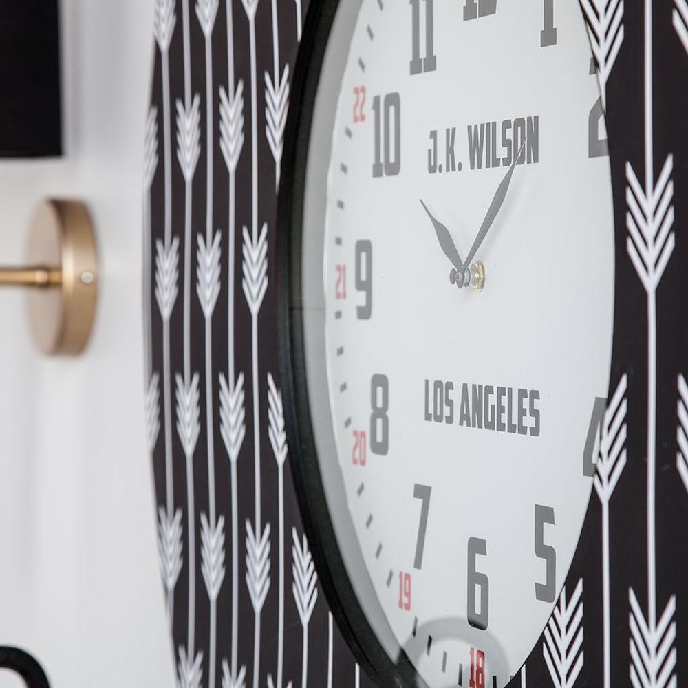 33" Oversize Contemporary Black and White Wall Clock w/ Dense Pattern and "JK Wilson Los Angeles" - 376208. Picture 3