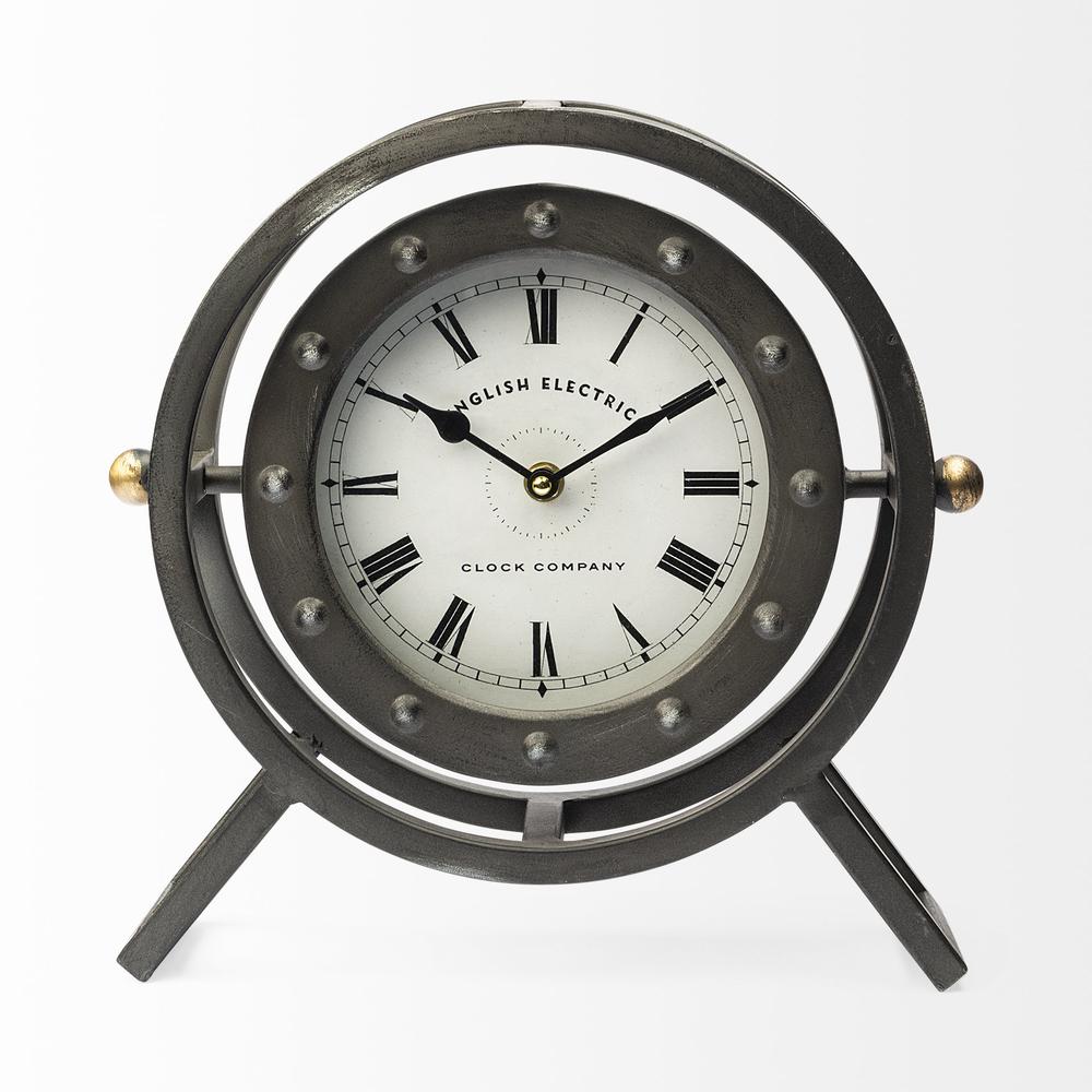 Gray Metal Circular Desk / Table Clock w/  Rivet Detail Frame - 376225. Picture 1