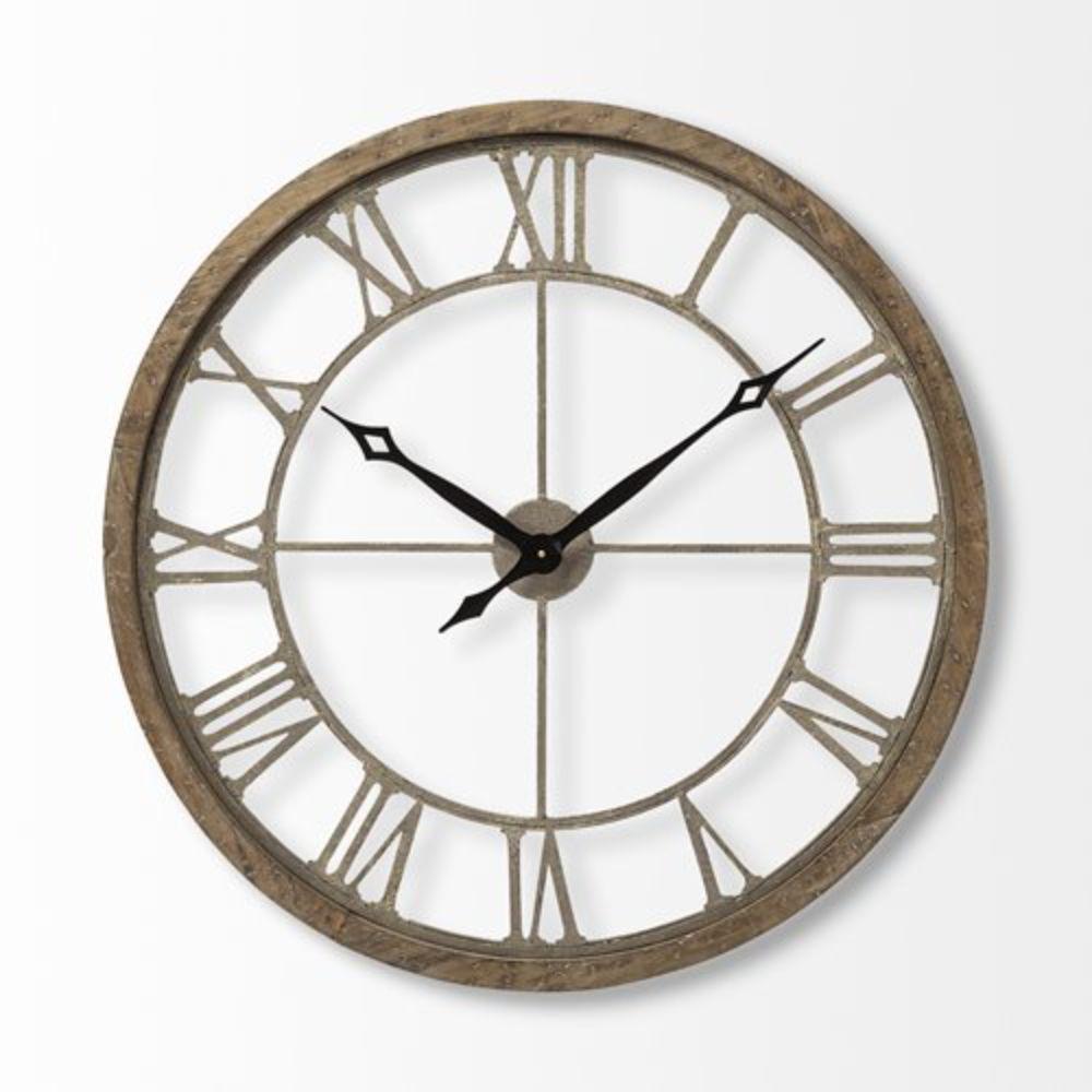 31.5" Round Oversize Brown Farmhouse style  Wall Clock w/  Matte-Black Toned Hands - 376252. Picture 1