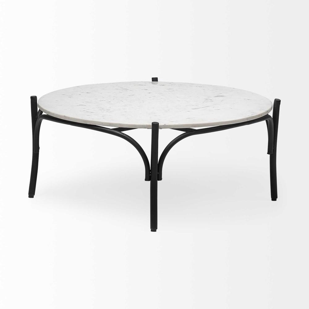 36" Round White Marble Top Black and Metal Base Coffee Table. Picture 2