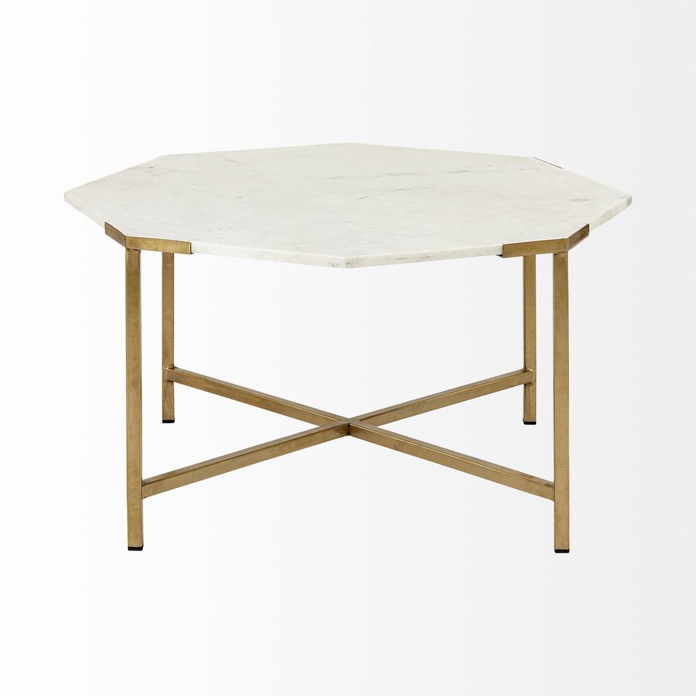 Hexagon White Marble Top and Gold Metal Base Coffee Table. Picture 2