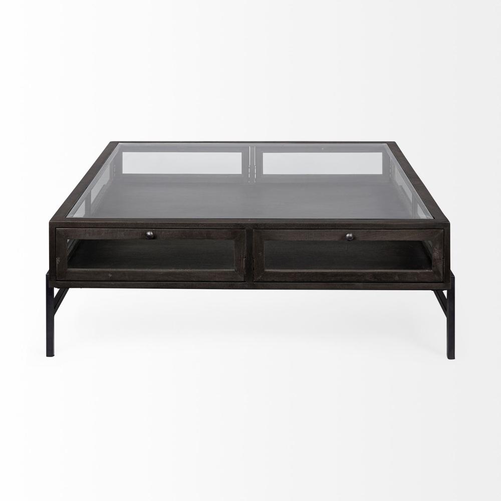 Square Glass Top Wood and Black Metal Base Display Coffee Table w 2 Drawers. Picture 2